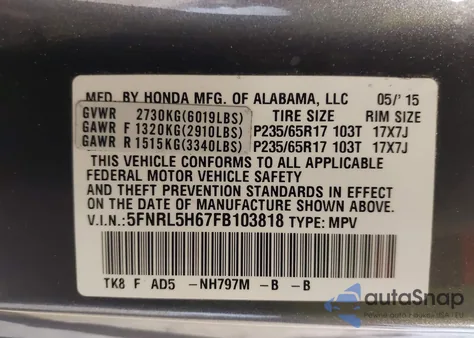 2015 Honda Odyssey Ex-L z USA, uszkodzony, nr VIN 5FNRL5H67FB103818